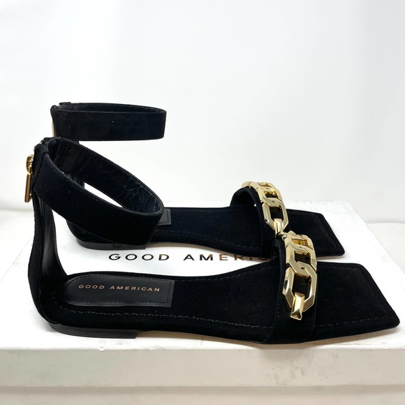 Good American Suede Chain Ankle Strap Flat Sandals In Black Size 9.5 New - Picture 7 of 13